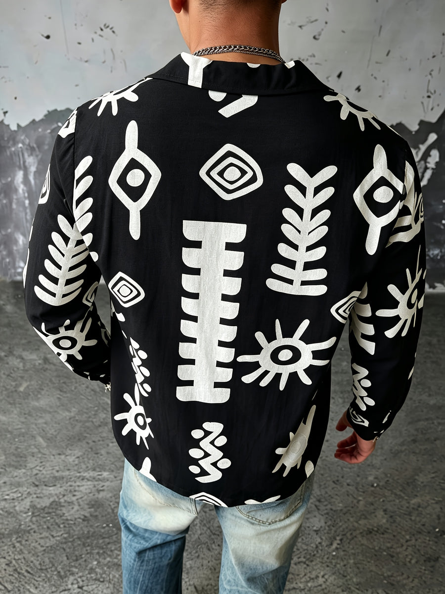 Men'S Casual Vacation Travel Style Fashion Abstract Pattern Shirt, Lightweight Loose Long Sleeve, Material, Comfortable Commuter Top - Black