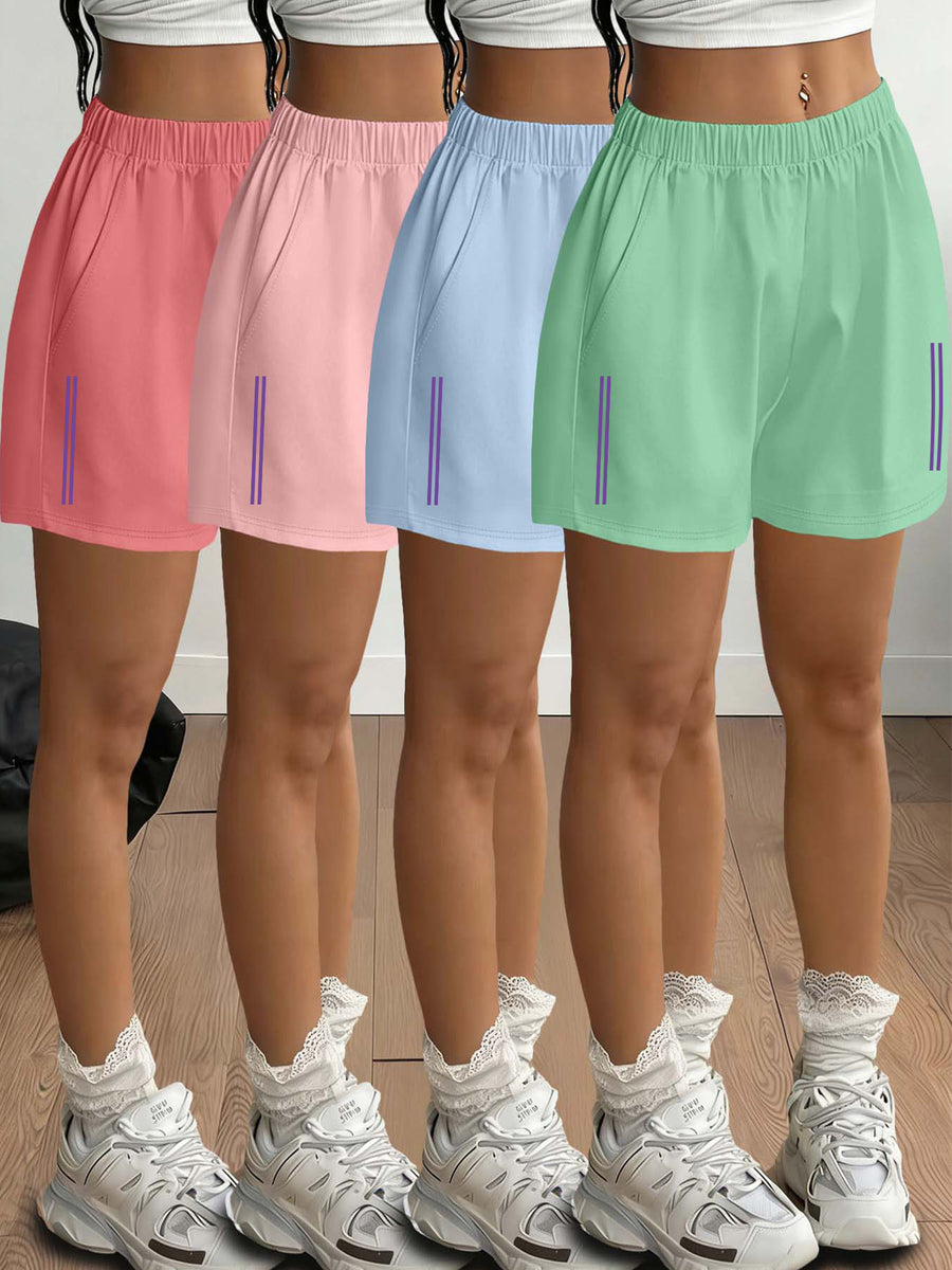 2026 Spring/Summer New Arrival Women's Fashionable Purple Striped Print Leg-Length Enhancing Casual Loungewear Light Y Streetwear Commuting Elastic Waist Side Pocket Shorts 4pcs Set - Rose Red+Pink+Blue+Teal
