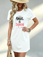Printed Design Not Textured, Casual Women Dress, Angel And Demon Graphic Print, Beach Vacation, Gift for Girlfriend - White