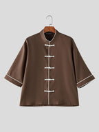 Men Retro Tops Frog Button Stand Collar Short Sleeve Loose Thin Outdoor Street New Chinese Style Casual Shirt, Chinese Size, Please Check The Size Guide Carefully - Light Brown-1
