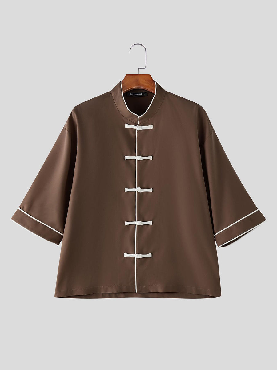 Men Retro Tops Frog Button Stand Collar Short Sleeve Loose Thin Outdoor Street New Chinese Style Casual Shirt, Chinese Size, Please Check The Size Guide Carefully - Light Brown-1