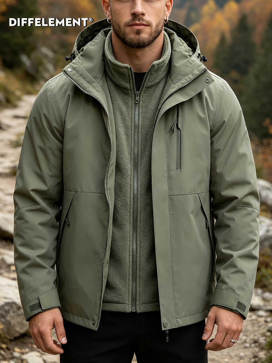 Men'S Solid Color 3-In-1 Detachable Windbreaker with Fleece Lining 2pcs Set, Wear-Resistant Woven Fabric, Zipper And Multi-Pockets, Hook-And-Loop Cuffs, Outdoor Hiking Commuting Fall Winter Windproof Warm Detachable Versatile Jacket - Green