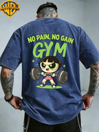 Warner Bros. Officially Authorizes Iron Fitness Slogan Printed Retro Washed Outdated Short Sleeve T-shirt for Men and Women, Machine Washable Daily Commuter Outdoor Sports and Leisure Top - Royal Blue