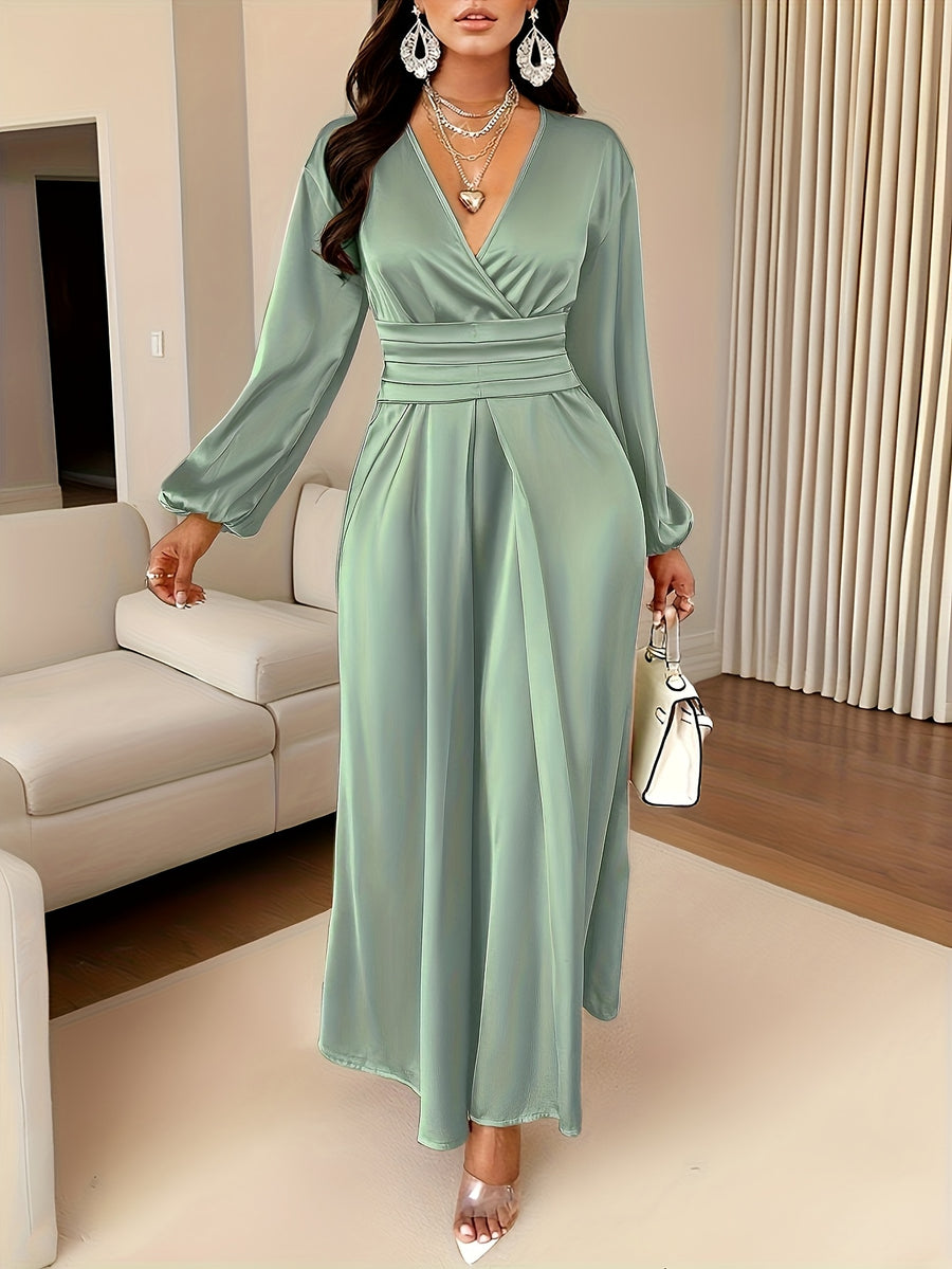 Women's Solid-color Simple Daily and Party Banquet Satin Bridesmaid Dress with Pleated Design - Green