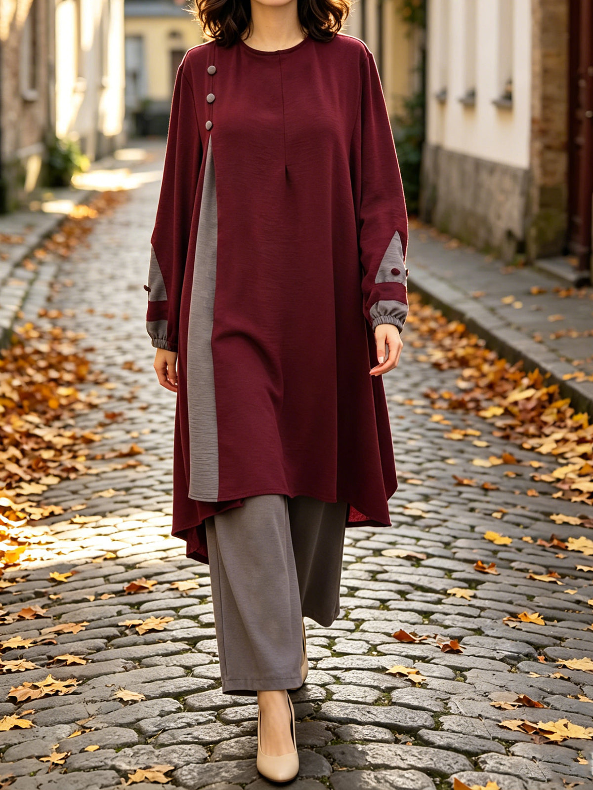 New Style Middle Eastern Muslim Abaya Set - Women's Modest Contrast Color Combination Long-Sleeve Top & Maxi Skirt with Button Detail for Ramadan Daily & Gatherings - Color Block (Jujube Red Top + Gray Pants)