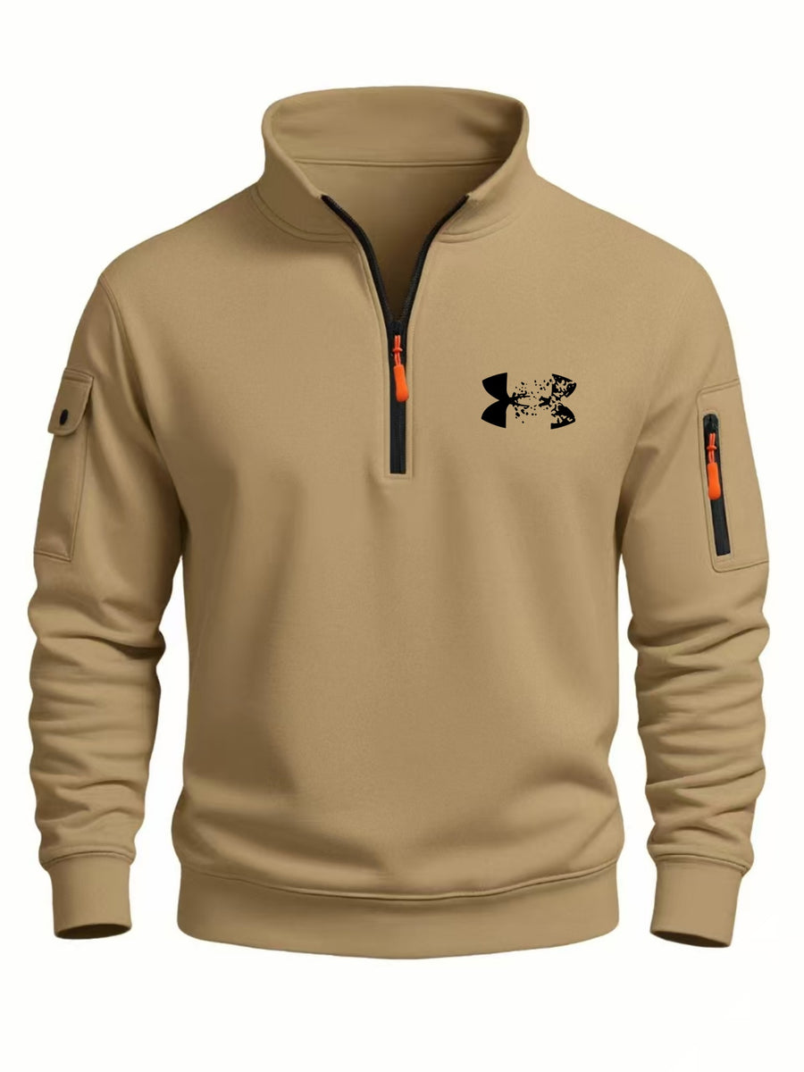 2026 Autumn/Winter New Men's Stand Collar Half-Zip Sweatshirt, Distressed Print, Workwear Style Multi-Pocket Design, Wear-Resistant and Wrinkle-Resistant Fabric, Sleek Cut Without Bulk, Combining Workwear Practicality with Casual Attire Adaptability - Khaki