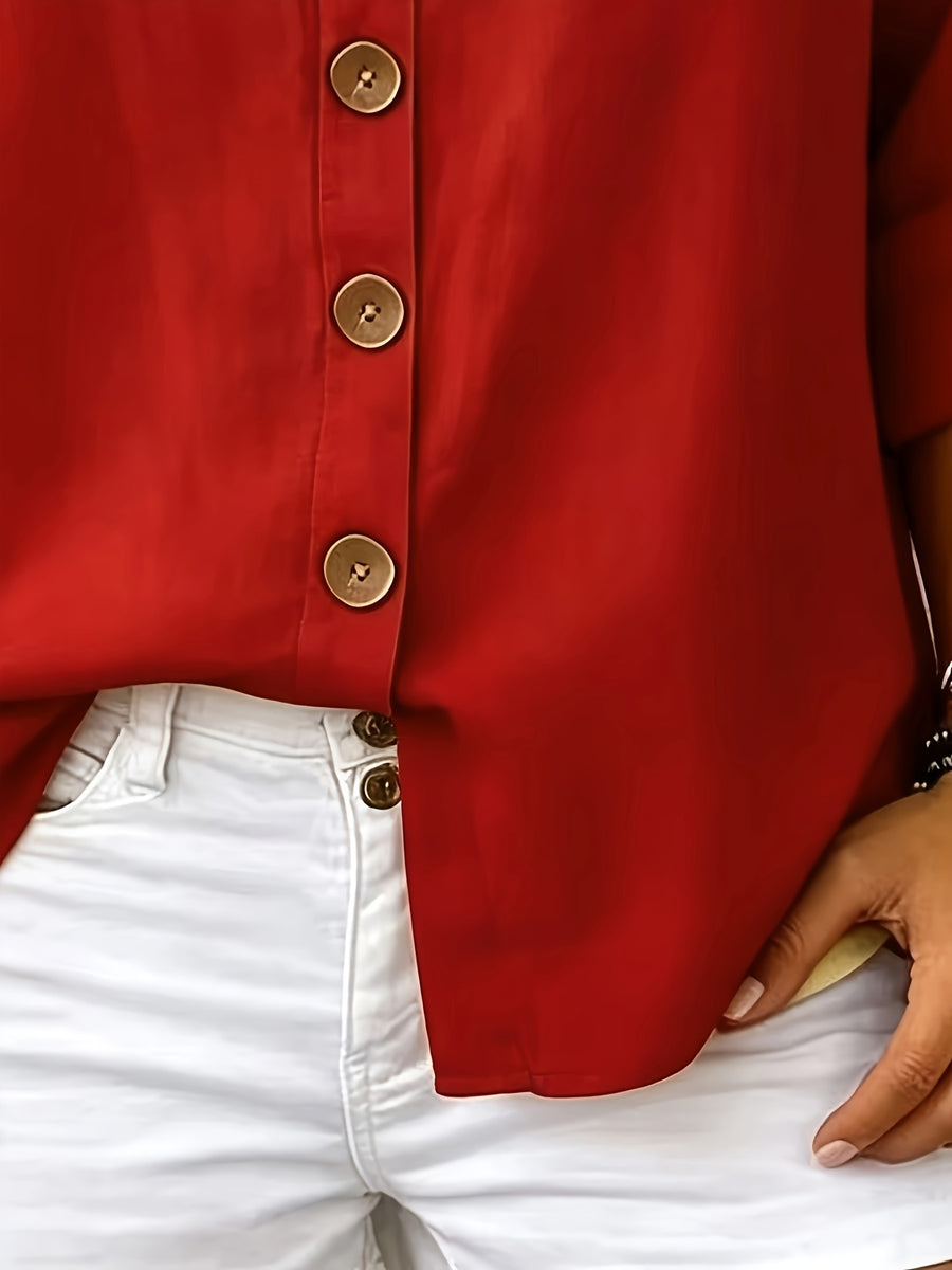 Solid Color Shirt, Round Neck Button-Up, Loose Fit, Casual Wear, Spring Summer Women'S Shirt - Red