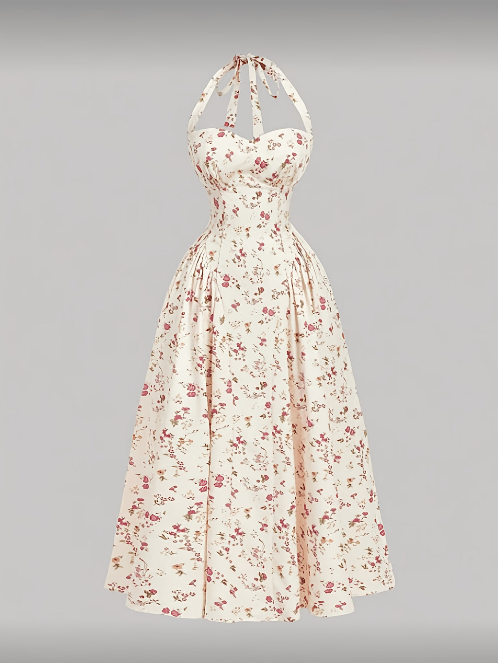 Women'S Elegant Pink Floral Print Midi Dress, Summer Style Casual Holiday Wear, Retro Countryside Style, French Style Beach Summer Dress - Multicolor