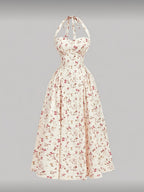 Women'S Elegant Pink Floral Print Midi Dress, Summer Style Casual Holiday Wear, Retro Countryside Style, French Style Beach Summer Dress - Multicolor
