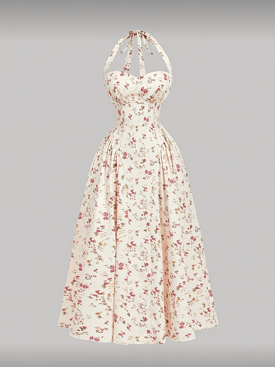 Women'S Elegant Pink Floral Print Midi Dress, Summer Style Casual Holiday Wear, Retro Countryside Style, French Style Beach Summer Dress - Multicolor