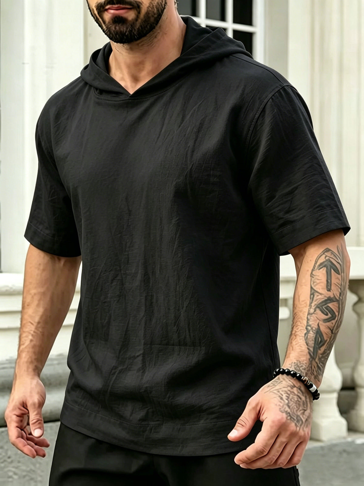 Summer Solid Color Hooded Short Sleeve T-Shirt, Men'S Loose All-Match Athletic Top - Black