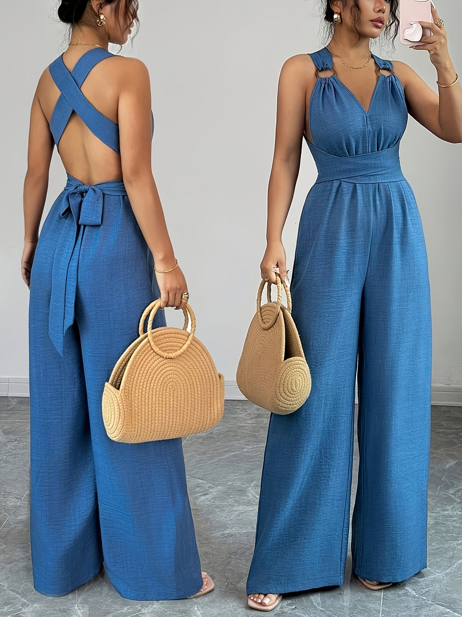 V-neck Women's Jumpsuit with Crisscross Waist Ties, Slit Back, and Wide-leg Straight-cut Pants - Blue