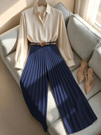 Women's Solid Color Minimalist Pleated Casual Trousers, Simple Solid Color Flowy Wide-Leg Pants, Spring, Summer, Autumn, All-Season Casual Stretch Waist Commuter Versatile Wide-Leg Pants, Belt Not Included - Navy Color