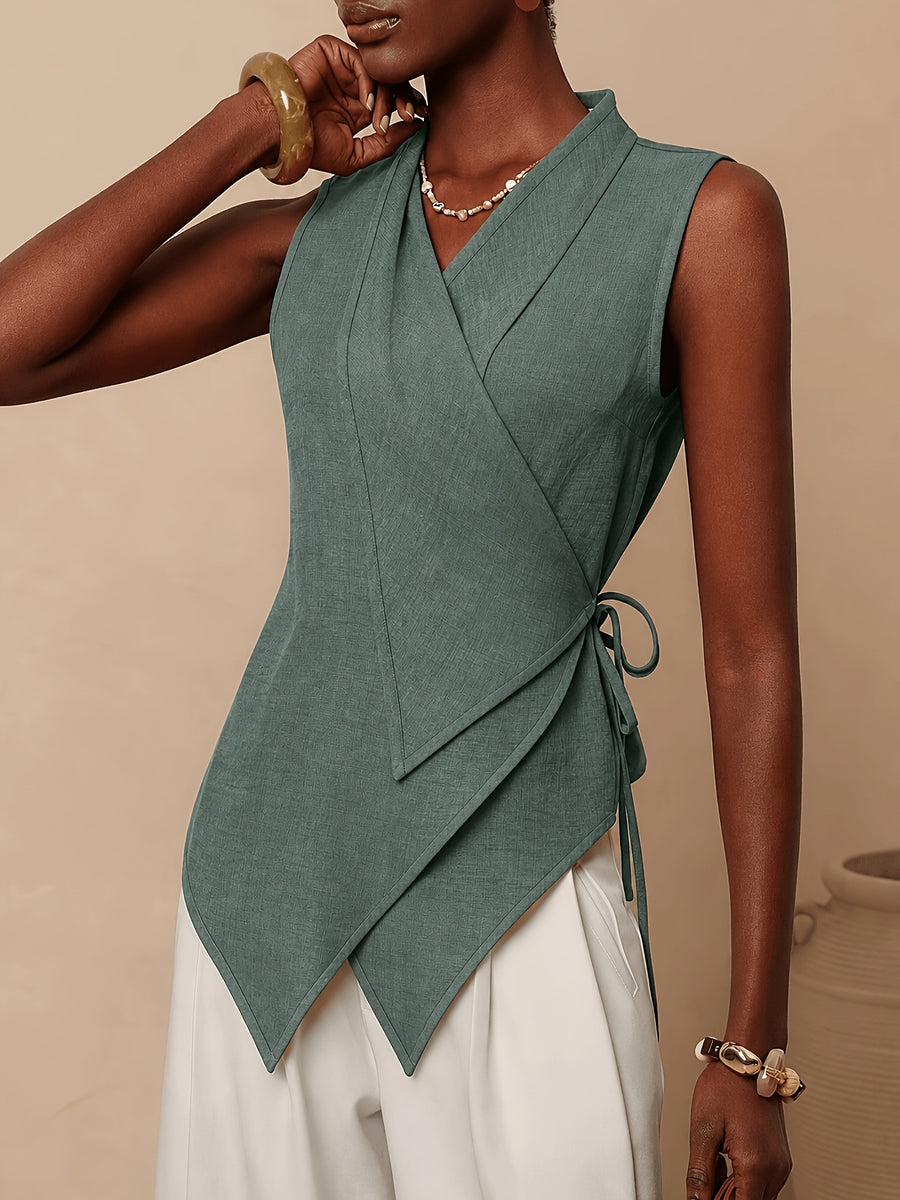 Women'S Solid Color Knotted Asymmetrical Hem Casual Versatile Daily Wear Shirt - Green