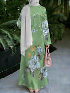 Women'S Hot Middle Eastern Style Muslim Elegant Robe, Light Green Blue White Abstract Floral Print Long Dress, Loose Long Sleeve Flared Skirt, Outdoor Prayer Holiday Gathering, Lightweight Comfortable Non-Embroidered Craft - Mixed colors