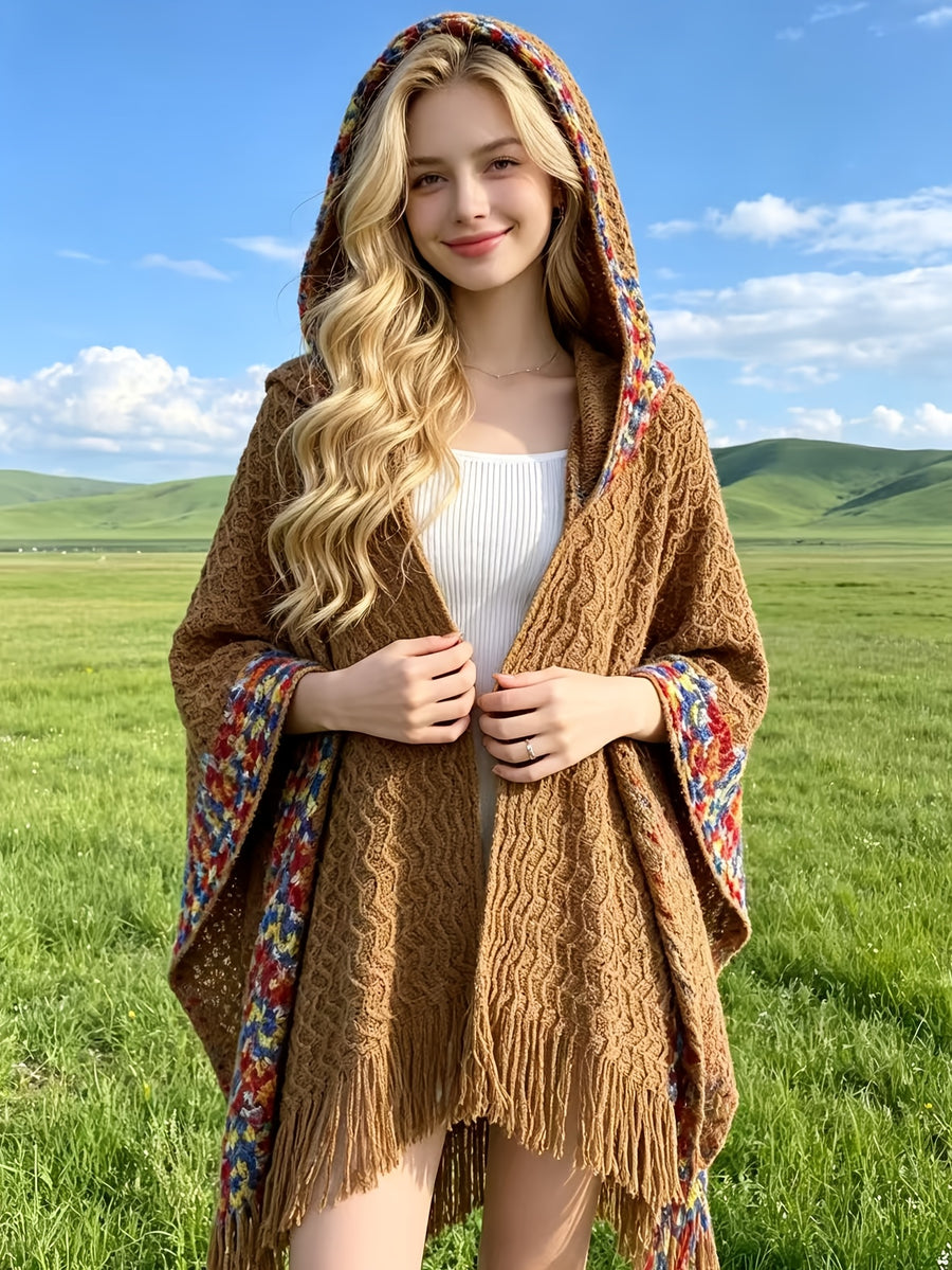 Women'S Cardigan - Autumn/Winter New Bohemian Ethnic Style Wavy Fringe Hooded Multicolor Jacket, Summer Women'S High-End Elegant Temperament Air-Conditioned Room Casual All-Match Cape Scarf, Suitable for Travel, Vacation, Photoshoot, Casual Wear - Khaki
