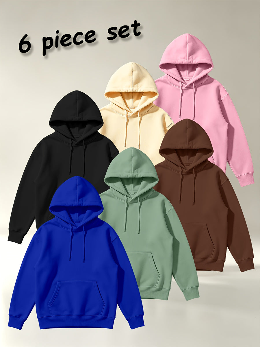 [Villa Joy Water OBM] 6pcs Set Solid Color Basic Hooded Sweatshirt Set Unisex Multi-Color Loose Pullover with Kangaroo Pocket Basic Style Autumn Winter Hoodie Combination - Royal Blue + Light Green + Brown + Black + Apricot + Pink