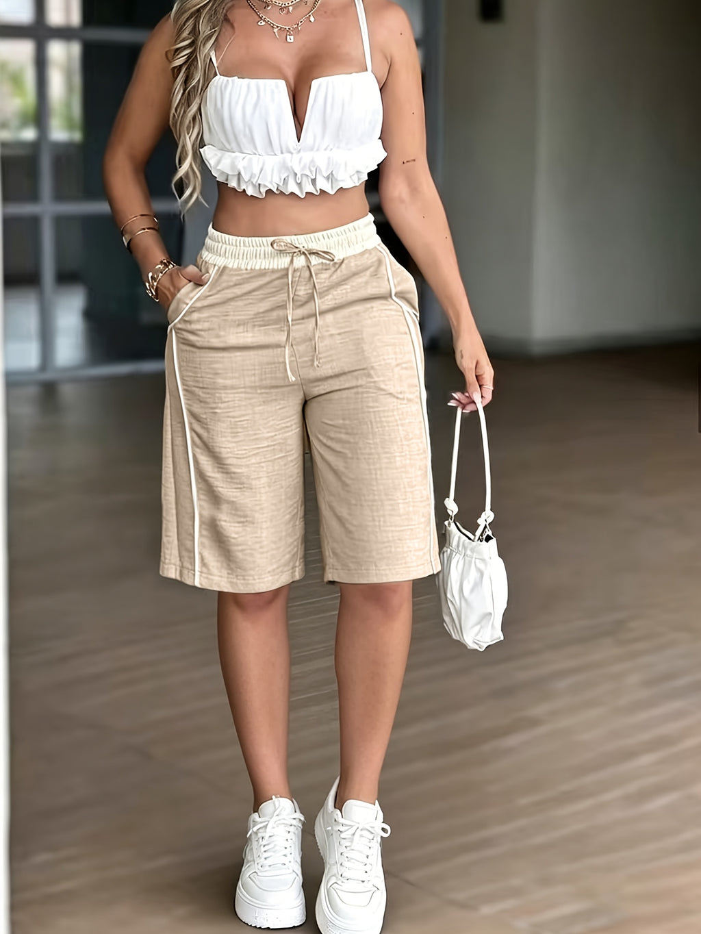 Women's Fashion Casual Pants - Color Block Patchwork High-Waist Straight-Leg Cropped Shorts - Khaki
