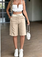Women's Fashion Casual Pants - Color Block Patchwork High-Waist Straight-Leg Cropped Shorts - Khaki