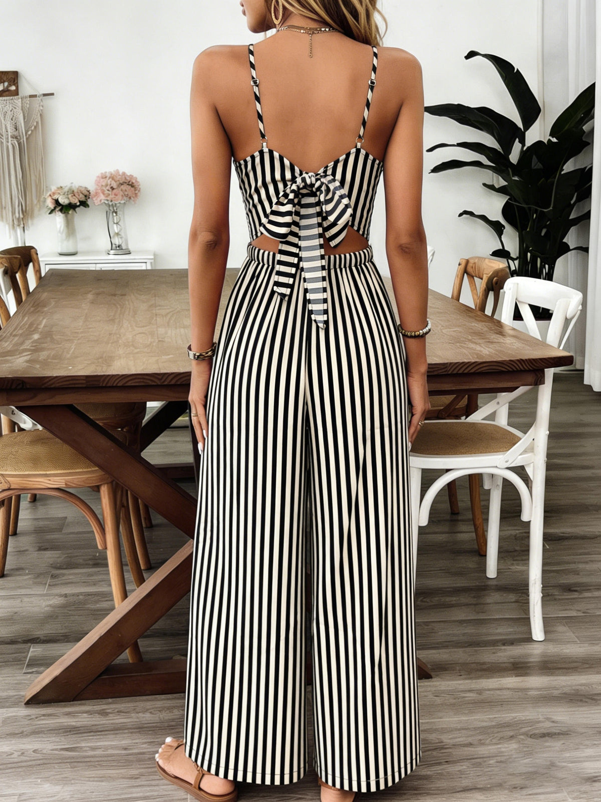 Women'S Camisole Jumpsuit, Summer Vacation Style, Classic Striped Backless Tie-Up Wide-Leg Trousers - Black