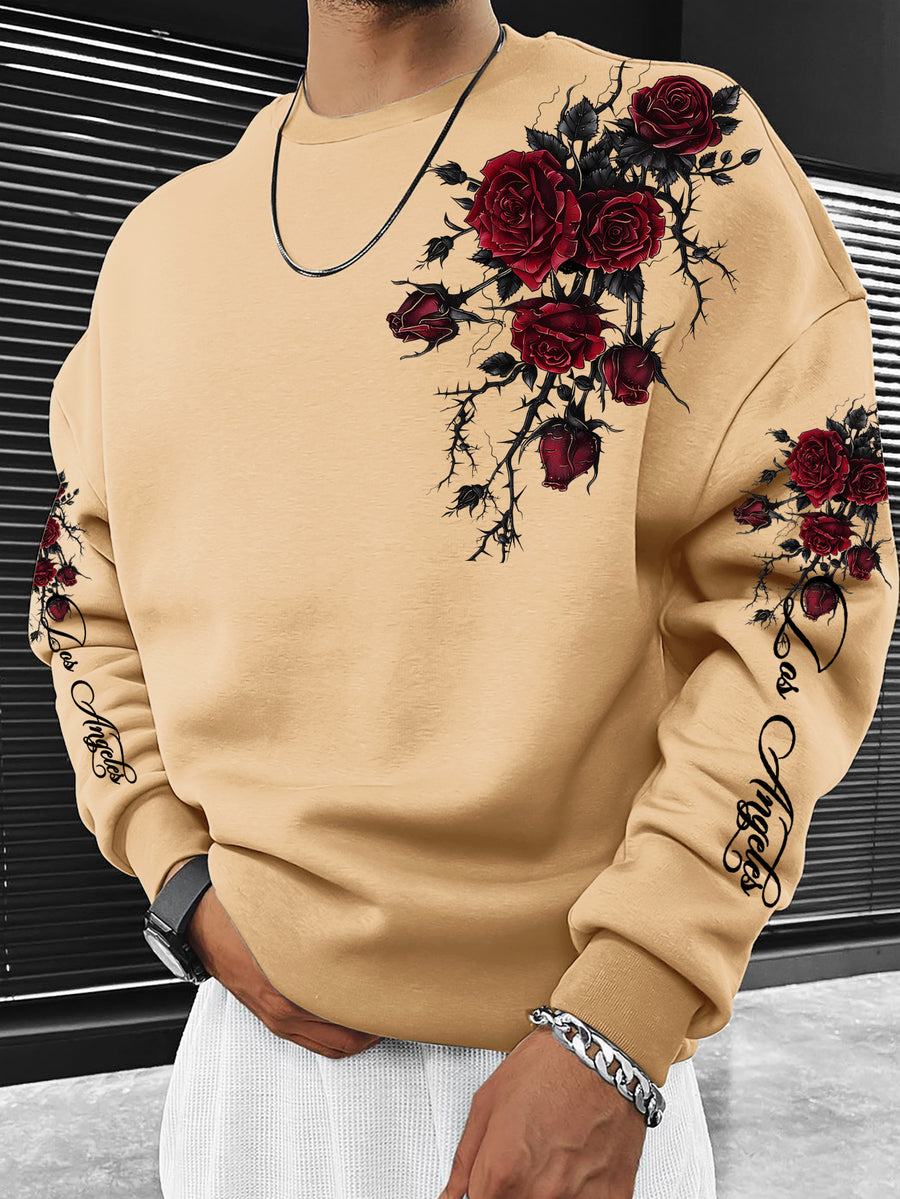 Men's Crew Neck Sweatshirt, Casual Rose with Thorns, New Autumn/Winter Men's Apparel - Khaki