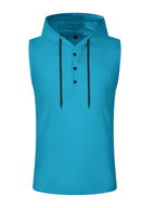 Men's Sleeveless Hooded Henley Shirt - Lightweight, Breathable Polyester | Summer Casual & Sporty Top with Button Detail | Machine Washable - Dark Cyan