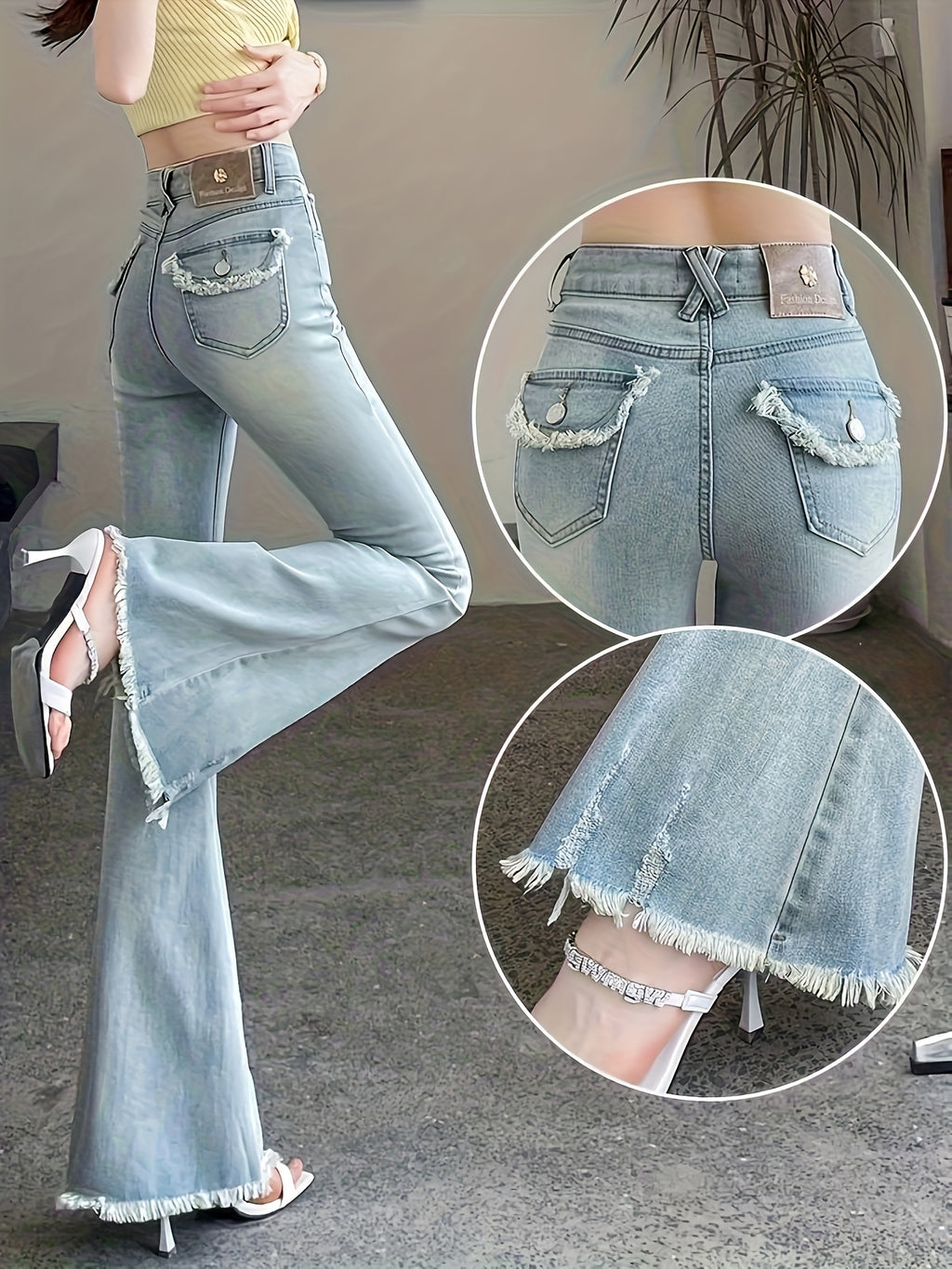 High-Waist Slight Flared Jeans, Light Wash Denim, Frayed Hem with Tassels, Stretch Slim Fit, Tummy Control And Lift, Double-Button Back Waist, Distressed Holes And Whiskers, Floor-Length Trousers, Petite Size, Plus Size Versatile - Light Blue