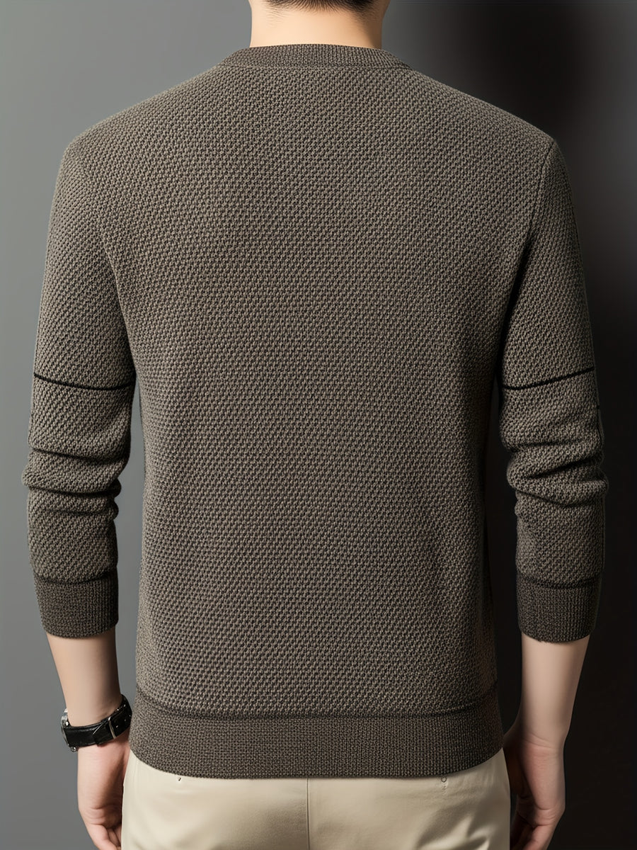 New Winter Men's Sweater, Crew Neck, Thickened and Warm, Men's Winter Clothing, Fashionable, Casual, and Comfortable Pullover Knitwear, Men's Winter -Lined Sweater, Men's Apparel with Letter Chest Logo, Winter Gift for Men - Dark Brown