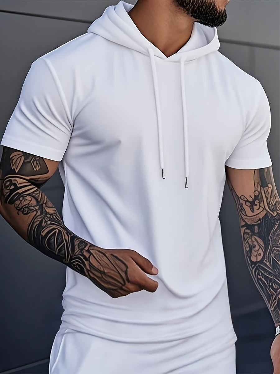 Summer New Men'S Solid Color Hooded Short Sleeve T-Shirt, Street Trendy Casual Top - White