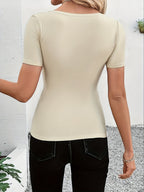 Women's Summer Shell Trim T-Shirt V-Neck Short Sleeve Fitted Sexy Top - Apricot