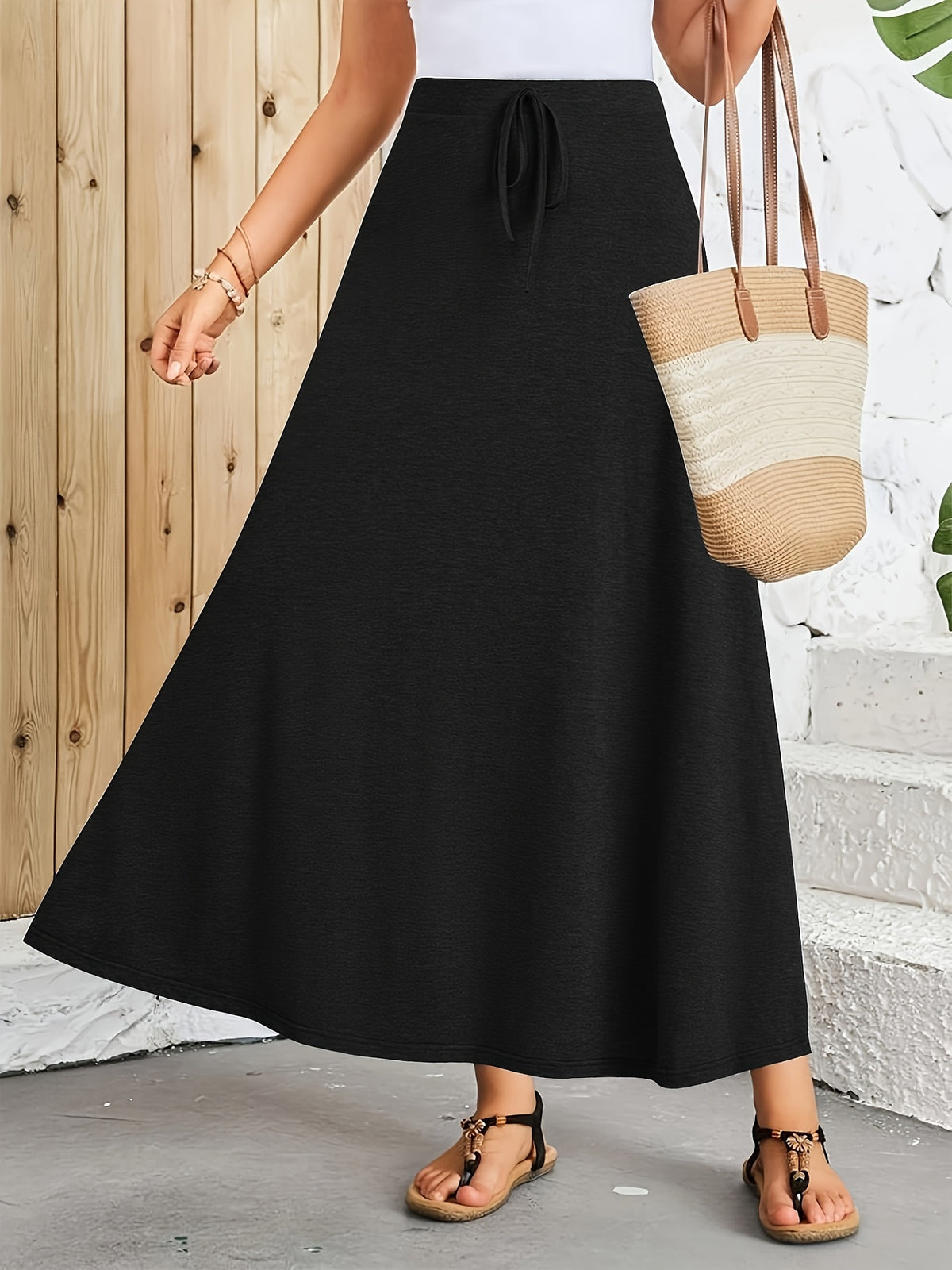Elegant High-waisted Skirt with Faux Drawstring - Solid Color - Black