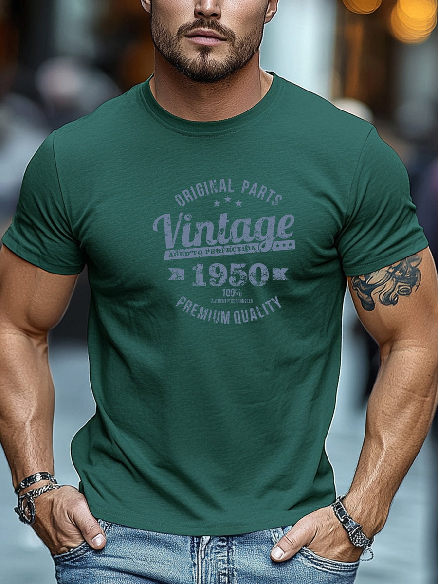 Men'S Original Parts Vintage Pattern Summer Casual Round Neck Short Sleeve T-Shirt - Dark Green