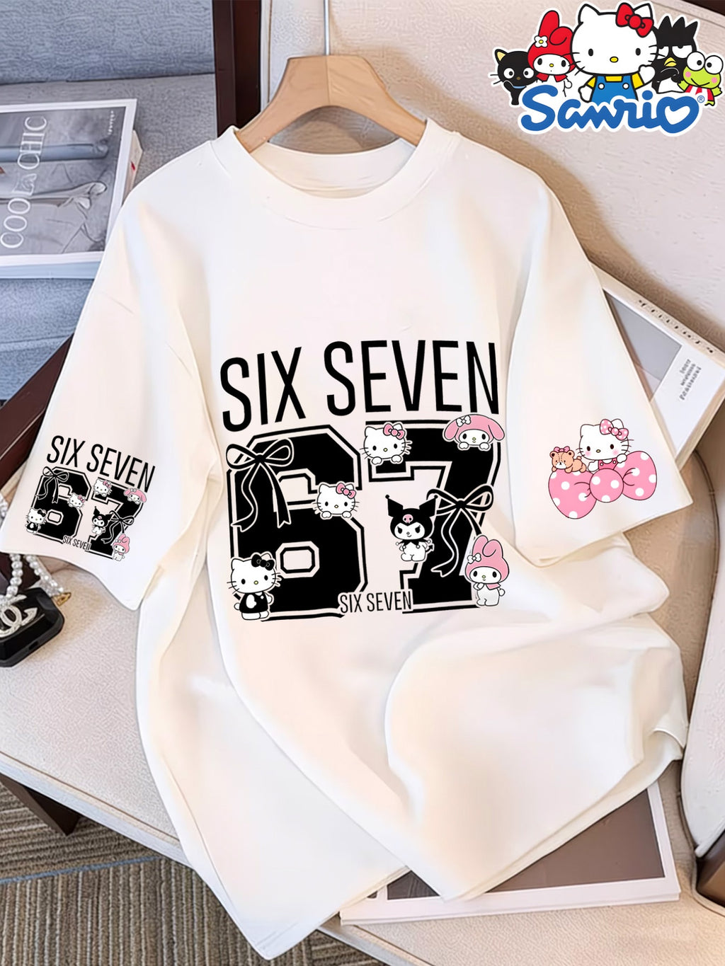 Authorized Women'S Round Neck 100% Short Sleeve T-Shirt, 67 Number Pattern with Hello Kitty My Melody Kuromi Kuromi Cute Print Women'S Elegant Round Neck Short Sleeve T-Shirt, Soft Fabric Spring Summer Versatile Casual Top - White