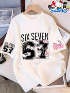 Authorized Women'S Round Neck 100% Short Sleeve T-Shirt, 67 Number Pattern with Hello Kitty My Melody Kuromi Kuromi Cute Print Women'S Elegant Round Neck Short Sleeve T-Shirt, Soft Fabric Spring Summer Versatile Casual Top - White