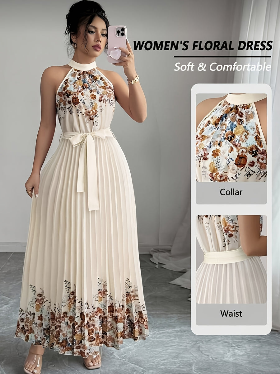 Women'S Floral Print Pleated Flared Maxi Dress with Tie Waist, Wedding Evening Party Formal Gown, Date Vacation Dress - Multicolor