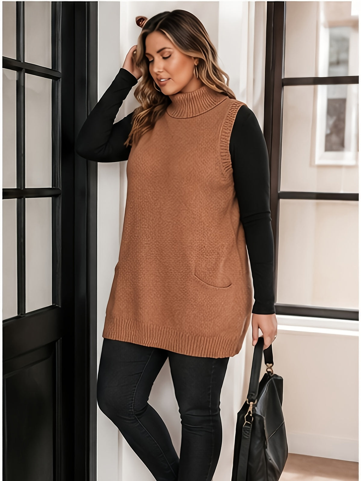 Plus Size, Solid Color High-neck Vest with Pockets, Suitable for Outdoor, Travel, Photography, and Brunch, Autumn/winter Fashion, Available in Plus Sizes - Amber