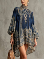 Navy Baroque Printed High Neck Irregular Chiffon Mini Dress - Sea Blue