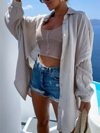 Fashionable Spring/Summer Elegant French-Style Loose Fit Casual Women's Long Sleeve Shirt with Eyelet Detail at the Back - Apricot