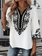 New Women's European and American Style Summer Fashion V-Neck Placement Print Loose Vintage Three-Quarter Sleeve Pullover Shirt - White