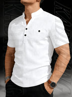 Henley Shirt Men's High-Quality Summer Short-Sleeve Henley T-Shirt - Men's Top, Old Money Style, Suitable for Golf Attire, Outdoor Camping, Fishing, and Daily Casual Wear - White