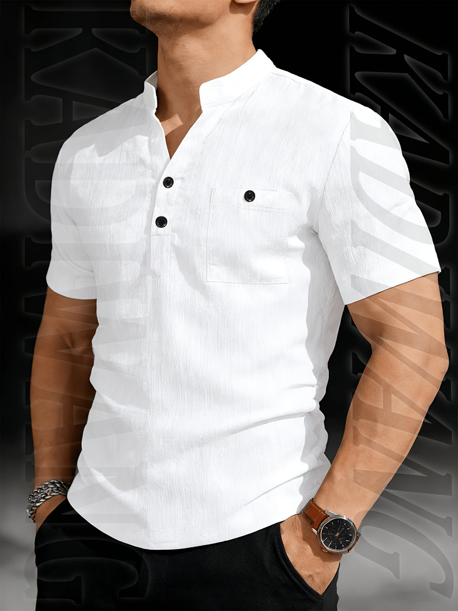 Henley Shirt Men's High-Quality Summer Short-Sleeve Henley T-Shirt - Men's Top, Old Money Style, Suitable for Golf Attire, Outdoor Camping, Fishing, and Daily Casual Wear - White