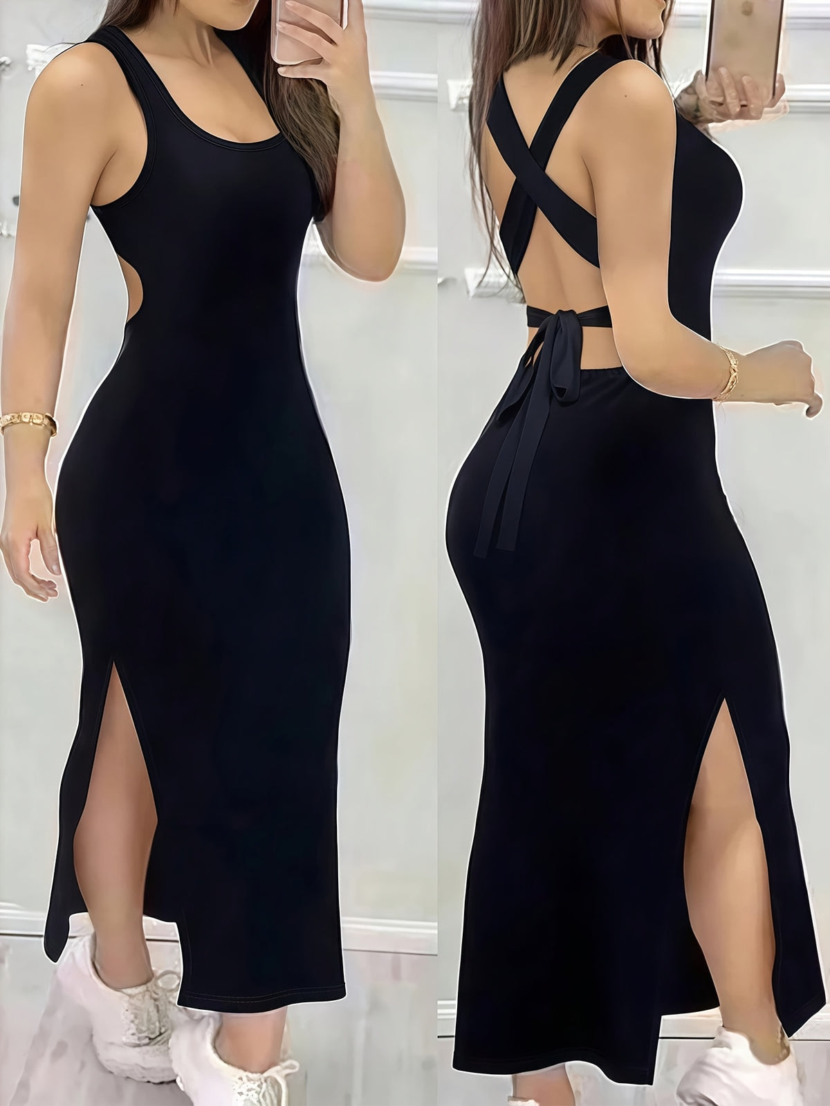 Women'S Sexy Backless Cross Strap Bodycon Dress - Solid Color Black with Knot Detail, Sleeveless Summer Dress for Casual & Evening Outfits, Evening Wear, Backless Design, Formfitting Silhouette, Party Outfit, Stretchy Fabric, Trendy Outfit - Black