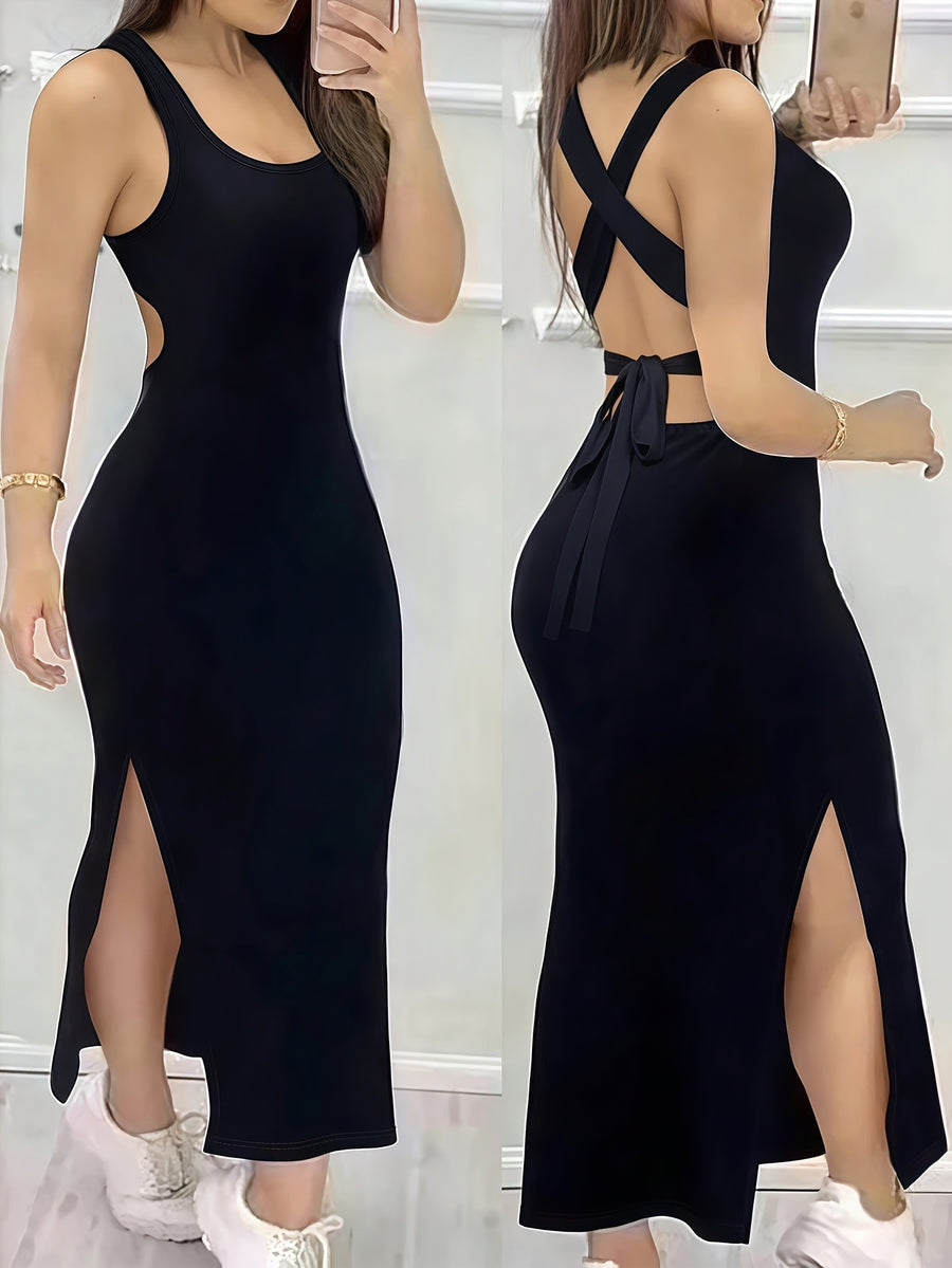 Women'S Sexy Backless Cross Strap Bodycon Dress - Solid Color Black with Knot Detail, Sleeveless Summer Dress for Casual & Evening Outfits, Evening Wear, Backless Design, Formfitting Silhouette, Party Outfit, Stretchy Fabric, Trendy Outfit - Black