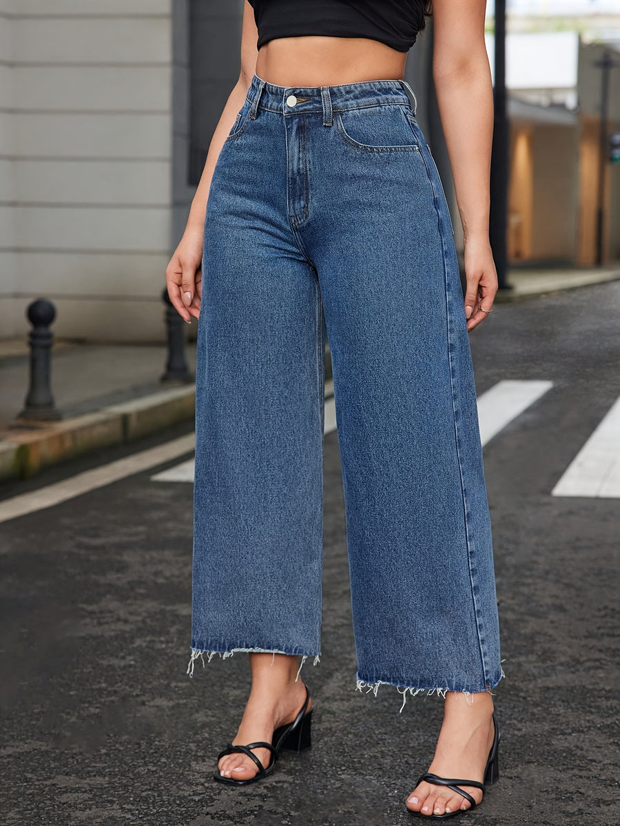 High-Waisted Wide-Leg Pants with Fringe Hem - Full-Length Loose-Fit Jeans, Casual & Dressy Outfits, Machine Washable for - Wear (Suitable for Jeans & -Casual Outfits) - Medium Blue