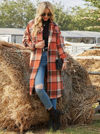 Plaid Button Front Trench Coat, Vintage Long Sleeve Outwear For Fall & Winter, Women's Clothing - Tangerine