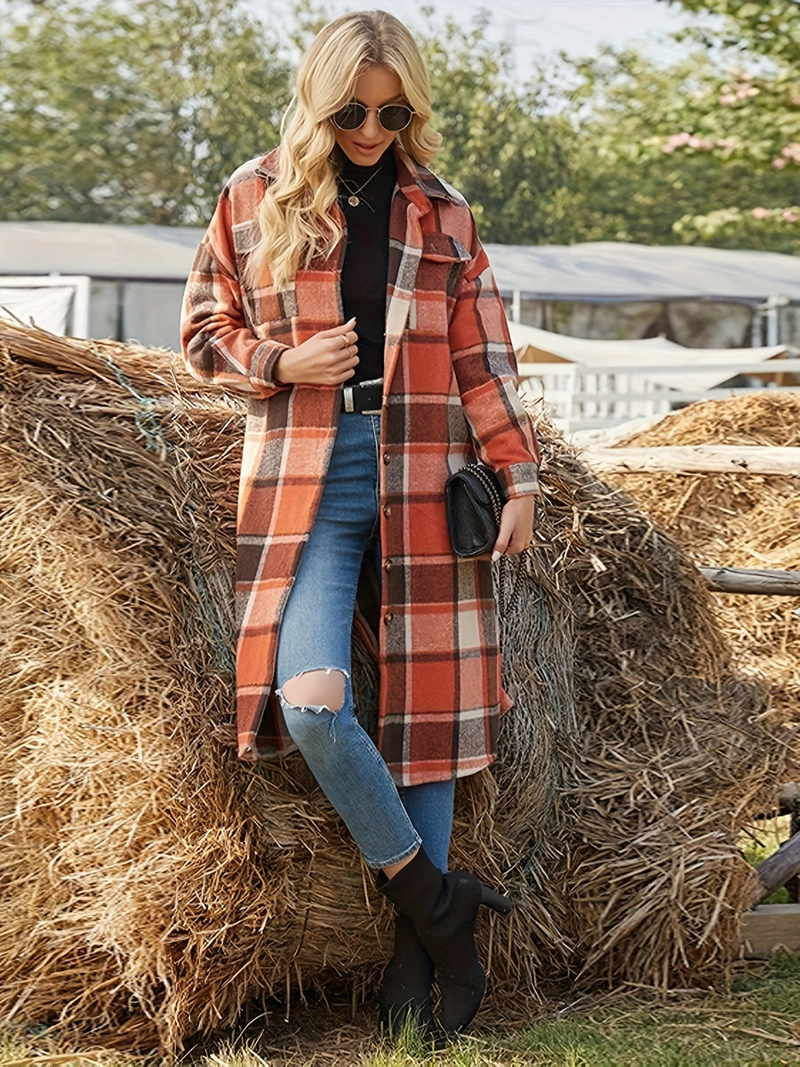 Plaid Button Front Trench Coat, Vintage Long Sleeve Outwear For Fall & Winter, Women's Clothing - Tangerine