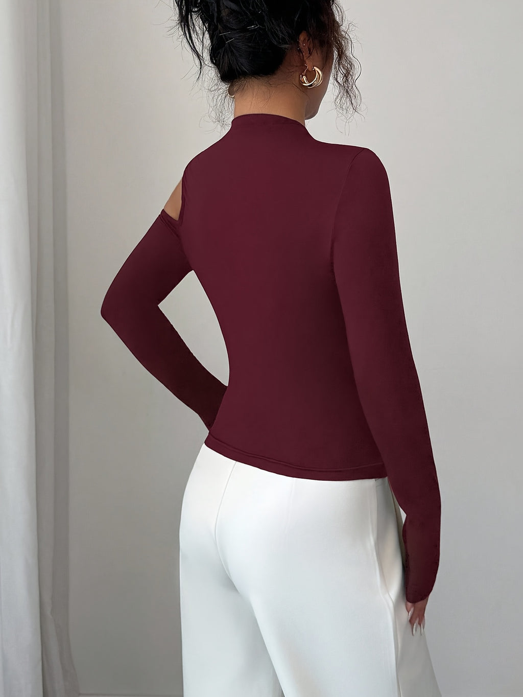 Women's Fashion Slant Collar Design with Metal Decoration Autumn Winter Long Sleeve Top - Deep Red