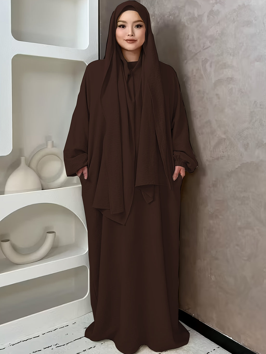 1pc And Abaya One-Piece Dress, Prayer Jilbab Fashionable, Elegant And Casual Solid-Colored Puff Sleeve Suitable for Daily Wear. Loose And Comfortable Women'S Abaya Robe - Coffee Color