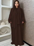 1pc And Abaya One-Piece Dress, Prayer Jilbab Fashionable, Elegant And Casual Solid-Colored Puff Sleeve Suitable for Daily Wear. Loose And Comfortable Women'S Abaya Robe - Coffee Color