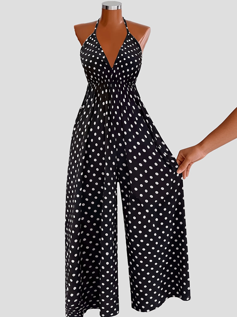 Polka Dot Halter Neck Jumpsuit for Women, Summer/Autumn Outing, Vacation, Fashion, Commute, Party, Deep V-Neck, Tie-Back, Backless, Wide-Leg Pants, Loose Fit, High-Waisted, Holiday Style, Camisole Long Pants - Black